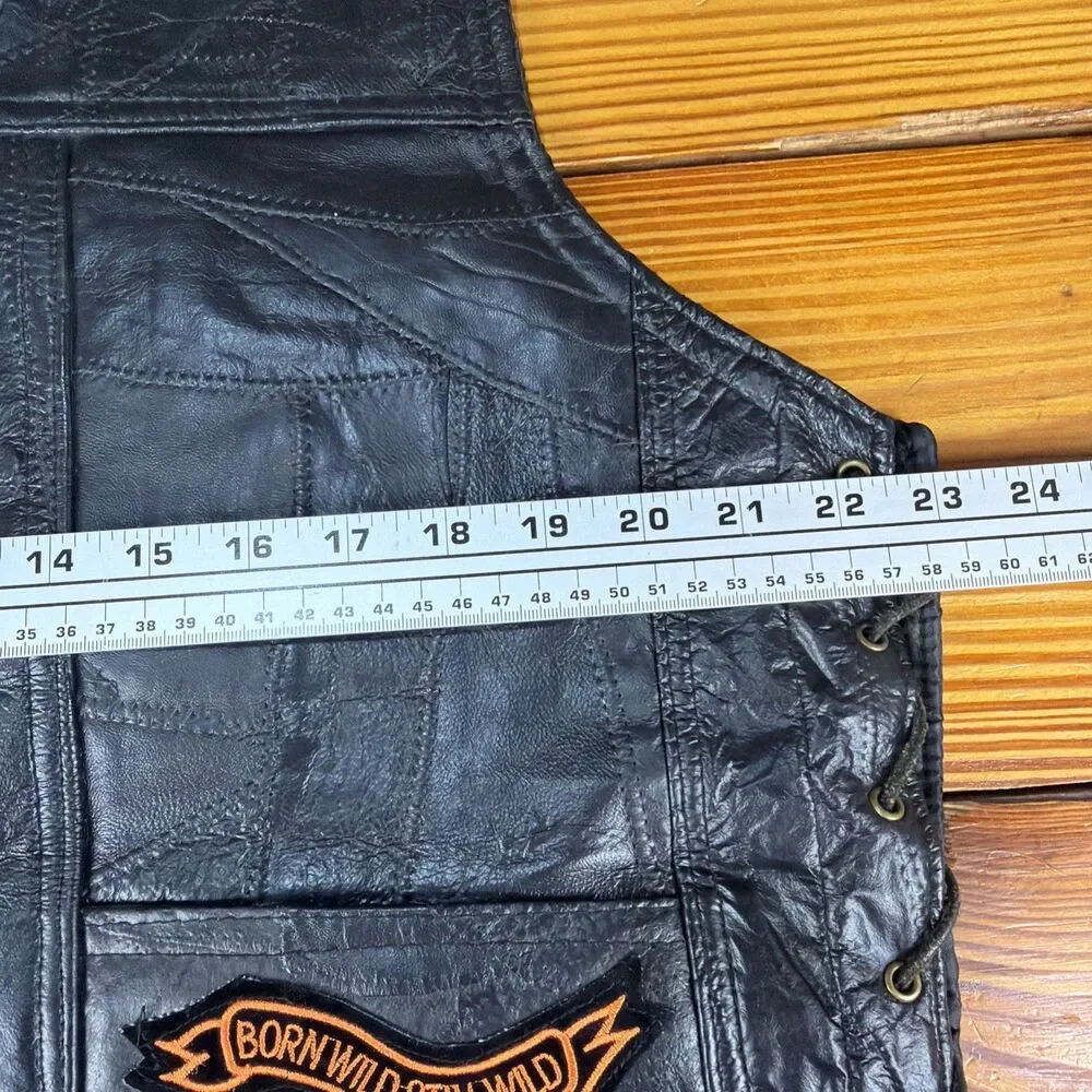 DIAMOND PLATE BUFFALO LEATHER BLACK BUTTON UP BIKER VEST WITH PATCHES XL